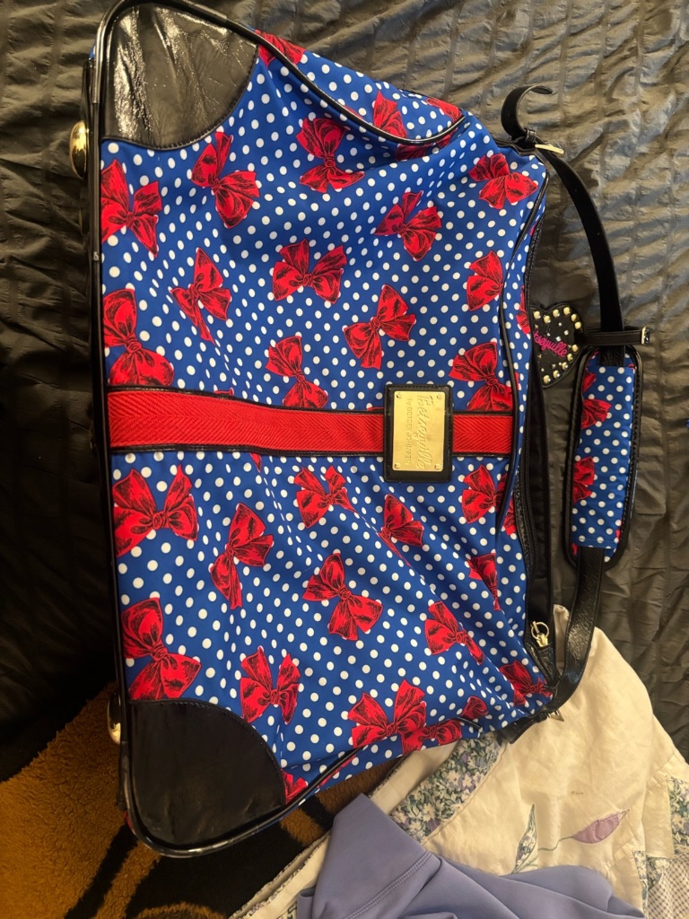 Betsey Johnson Blue Polka Dot Red Bow Travel Bag
